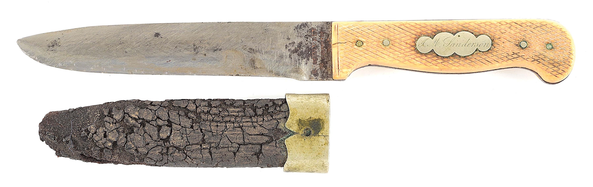 SCHIVELY PHILADELPHIA BOWIE KNIFE WITH SCABBARD INSCRIBED TO CIVIL WAR COL. J. M. SANDERSON.