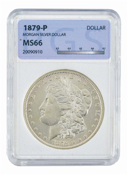 1879 MORGAN SILVER DOLLAR, MS66, PGS.