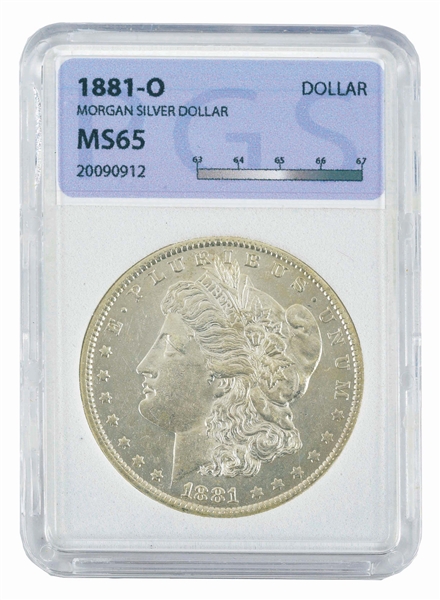 1881-O MORGAN SILVER DOLLAR, MS65, PGS.
