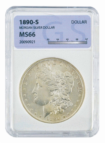 1890-S MORGAN SILVER DOLLAR, MS66, PGS.