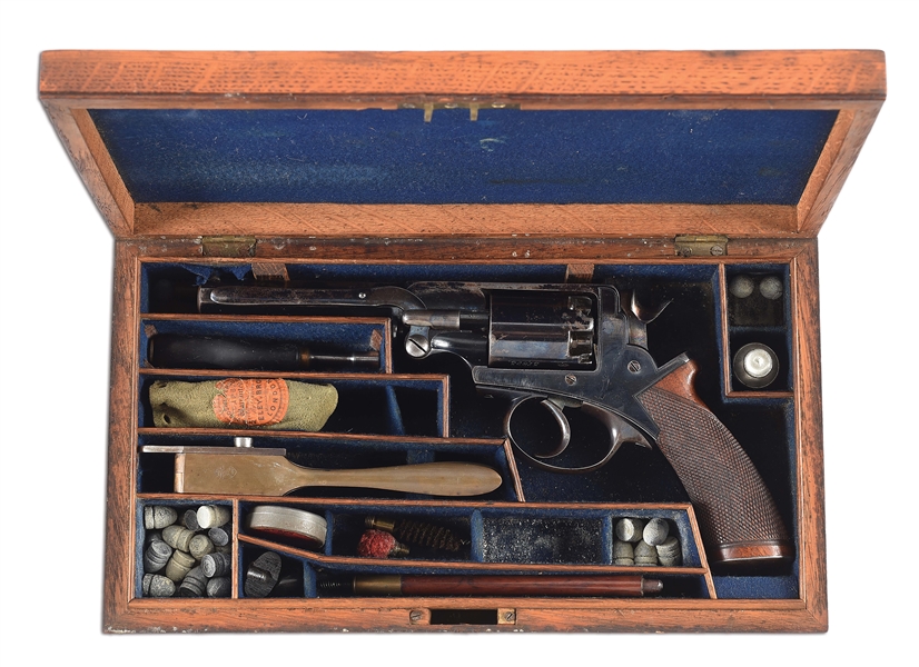 (A) VERY FINE CASED ADAMS PATENT DOUBLE ACTION PERCUSSION REVOLVER BY JOHN JEFFERSON.