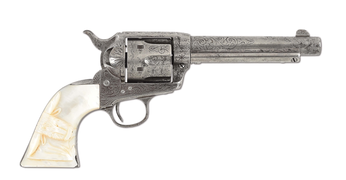 (C) FACTORY ENGRAVED COLT FRONTIER SIX SHOOTER SINGLE ACTION REVOLVER WITH CARVED STEER HEAD GRIPS.