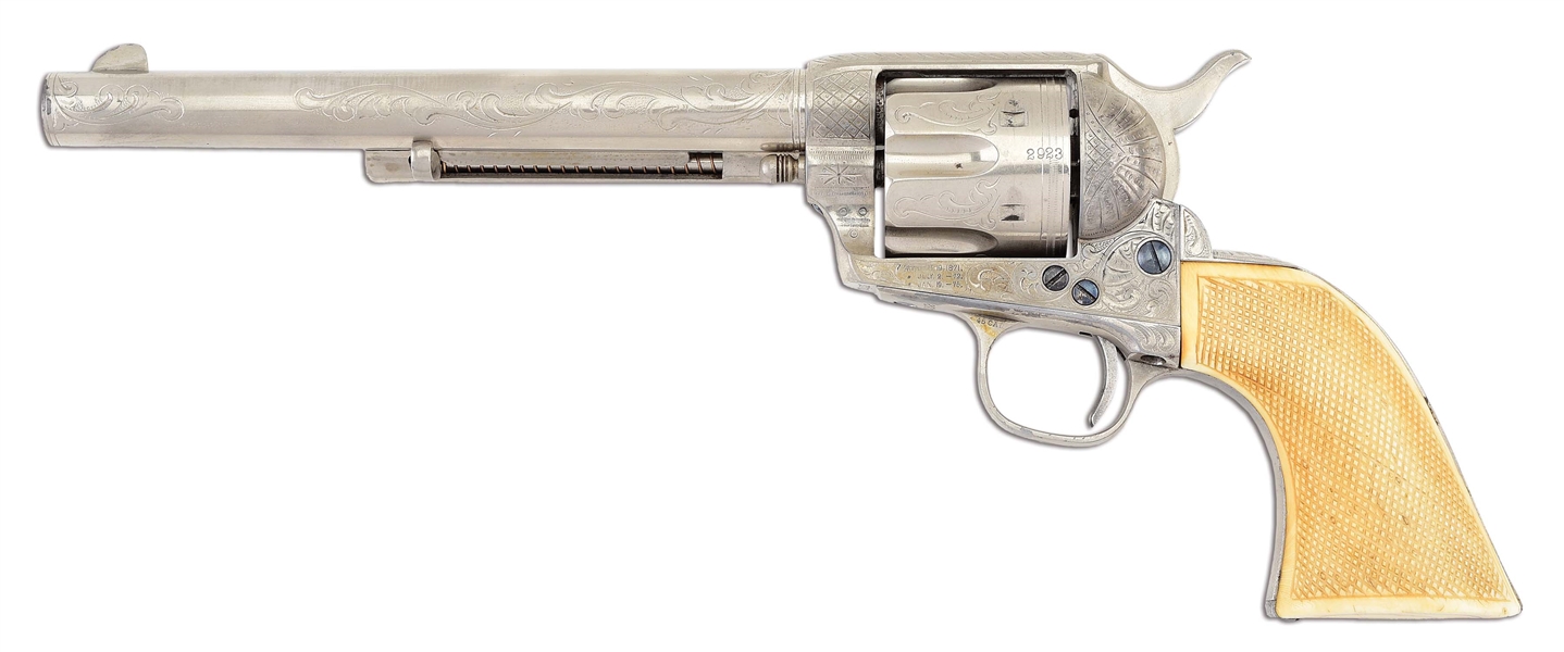 (A) FACTORY ENGRAVED COLT SINGLE ACTION ARMY REVOLVER WITH CHECKERED IVORY GRIPS.