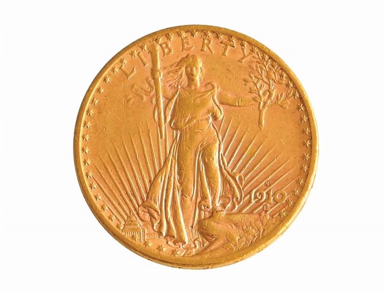 1910 $20 ST. GAUDENS GOLD COIN, RAW AU+