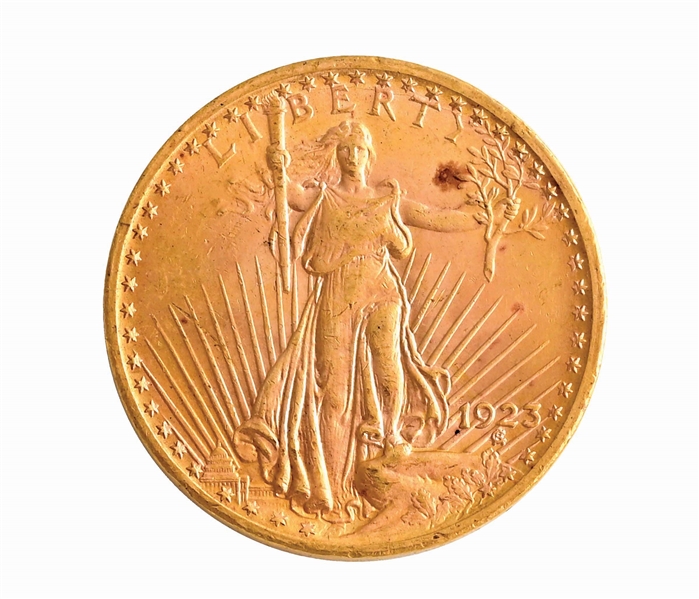 1923 $20 ST. GAUDENS GOLD COIN, RAW MS 60+
