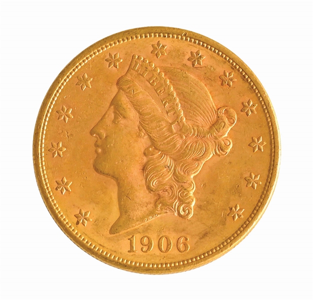 1906 $20 LIBERTY GOLD COIN, RAW MS 62+