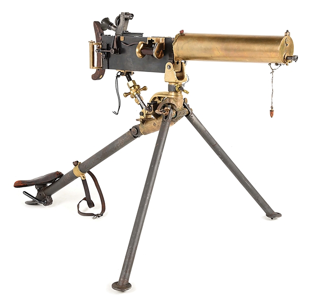 (N) ABSOLUTELY FABULOUS EARLY DWM BRASS ARGENTINE MAXIM MACHINE GUN WITH OPTIC AND TRIPOD (CURIO AND RELIC).