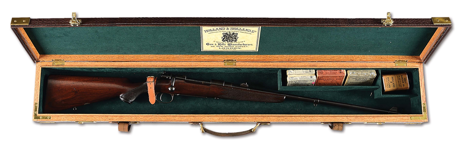 (C) A WELL HANDLING PRE-WAR HOLLAND & HOLLAND BOLT ACTION RIFLE IN .240 APEX WITH CASE AND SCARCE AMMO.