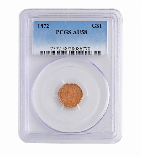 1872 LIBERTY $1 GOLD COIN, PCGS AU58.