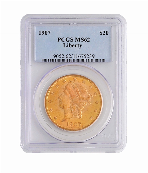 1907 LIBERTY $20 GOLD COIN, PCGS MS62.