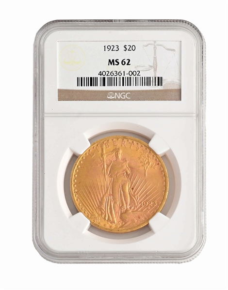 1923 ST. GAUDENS $20 GOLD COIN, NGC MS62.