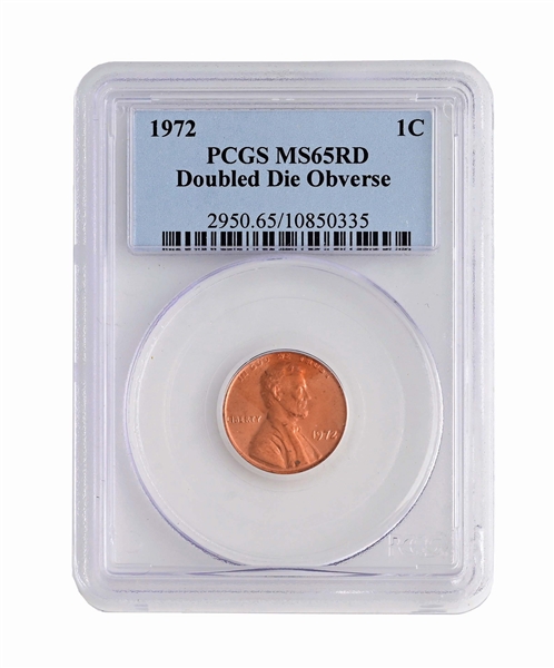 1972 LINCOLN CENT, DOUBLE DIE, MS65 RD PCGS.