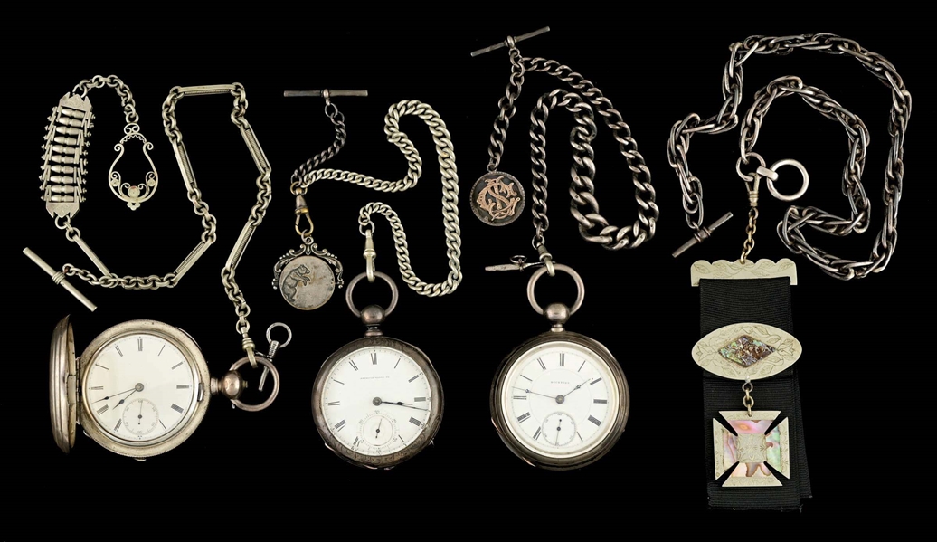 LOT OF 4: 3 POCKET WATCHES WITH CHAINS AND 1 MEDAL.