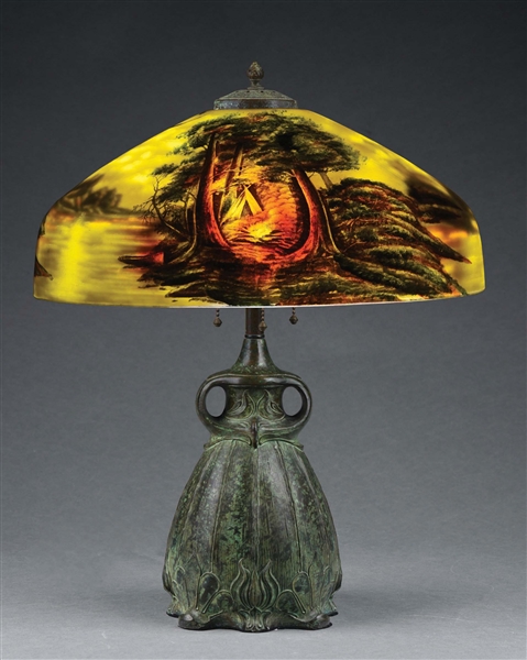 PITTSBURGH REVERSE PAINTED "CALL OF THE WILD" TABLE LAMP.