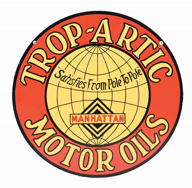 MANHATTAN TROP-ARTIC MOTOR OILS DOUBLE SIDED PORCELAIN CURB SIGN.