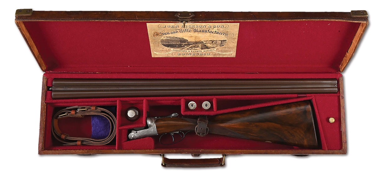 (A) JOHN DICKSON AND SON ROUND ACTION 12 BORE SIDE BY SIDE SHOTGUN WITH CASE, MADE FOR JAMES MACDOWALL.