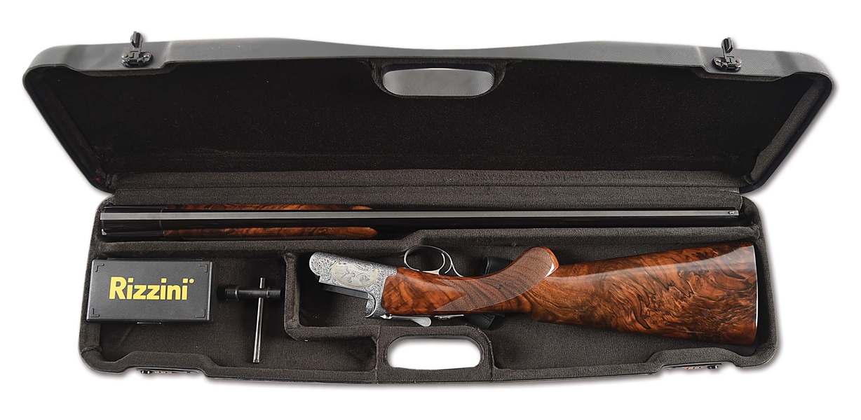 (M) RIZZINI ROUND BODY EL 12 GAUGE OVER/UNDER SHOTGUN WITH SCROLL AND GAME SCENES BY GIOVANELLI, IN CASE.
