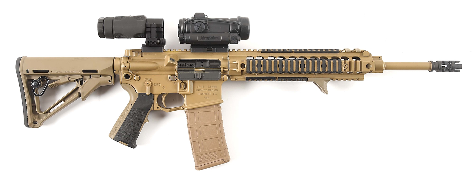 (M) KNIGHTS ARMAMENT SR-15 5.56X45MM SEMI-AUTOMATIC RIFLE WITH AIMPOINT COMP M4, MAGNIFIER, AND CASE.