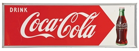 "DRINK COCA-COLA" SELF FRAMED PAINTED METAL SIGN W/ BOTTLE GRAPHIC.