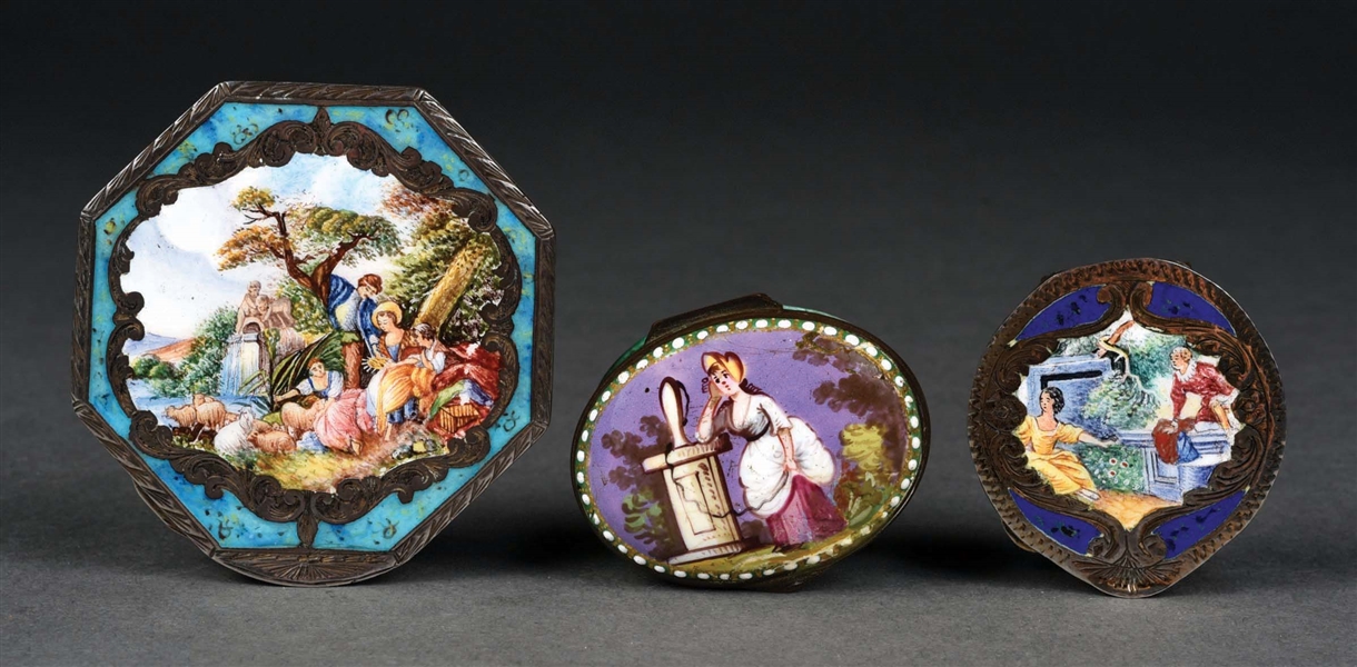 LOT OF 3: ANTIQUE ENAMELED BOXES AND COMPACT.