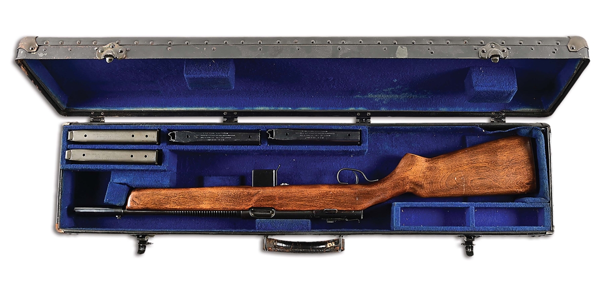 (N) LUSTROUS BLUE FINISH HARRINGTON AND RICHARDSON REISING MODEL 50 MACHINE GUN WITH TRUNK CASE (CURIO AND RELIC).
