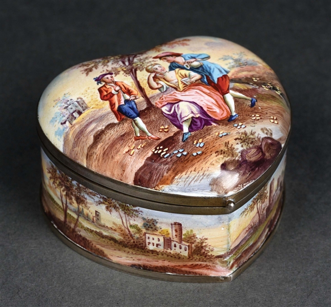 STERLING AND ENAMELED COUPLE SCENE HEART-SHAPED BOX