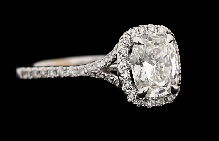14K WHITE GOLD HENRI DAUSSI DIAMOND ENGAGEMENT RING W/GIA 1.02CT CUSHION BRILLIANT CUT CENTER