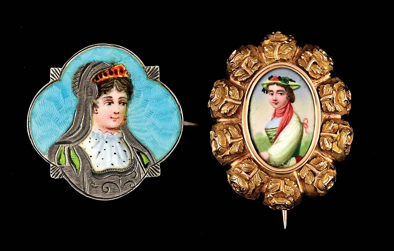 LOT OF 2: ANTIQUE ENAMELED PORTRAIT BROOCHES.