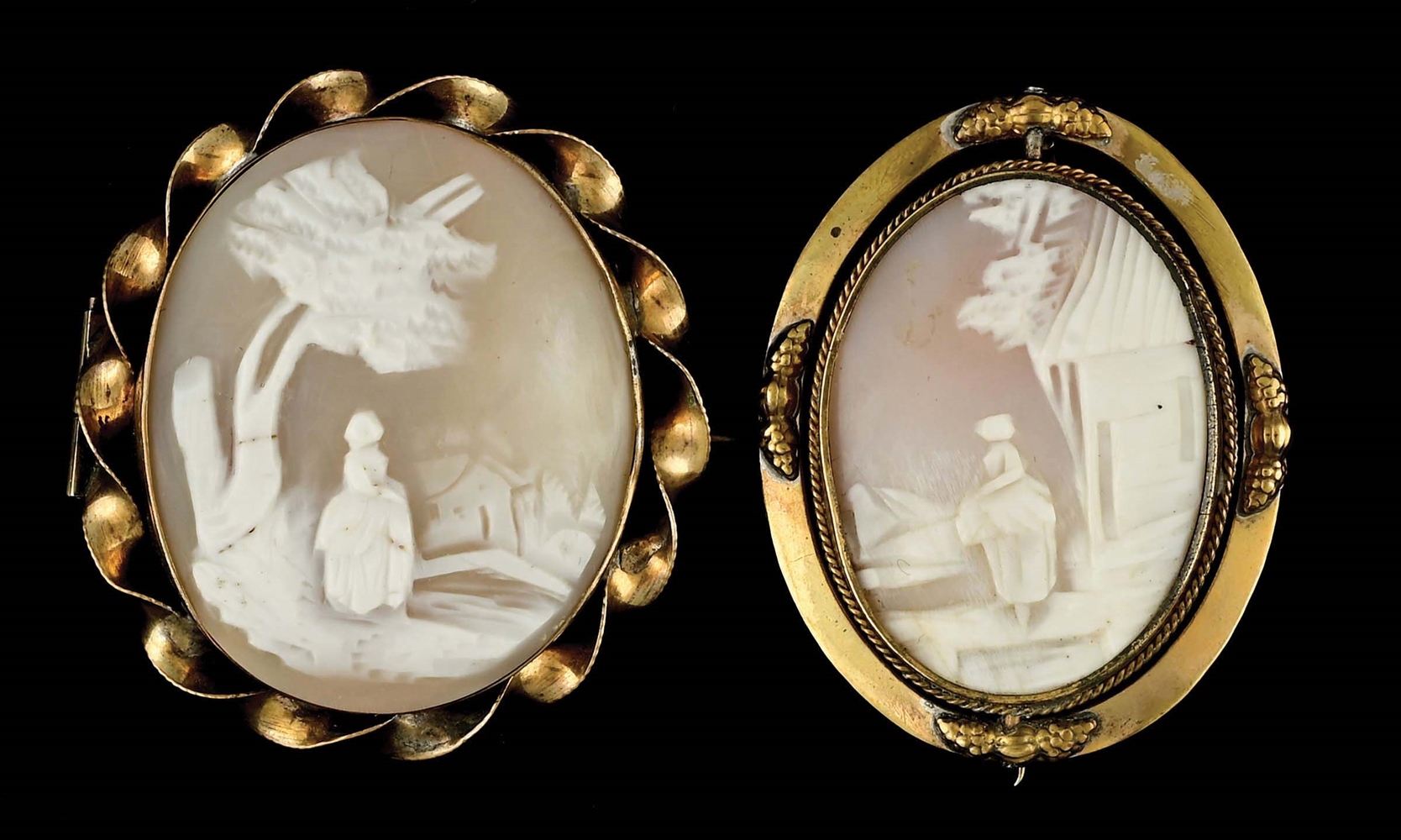 LOT OF 2: ANTIQUE SCENIC CAMEO BROOCHES.
