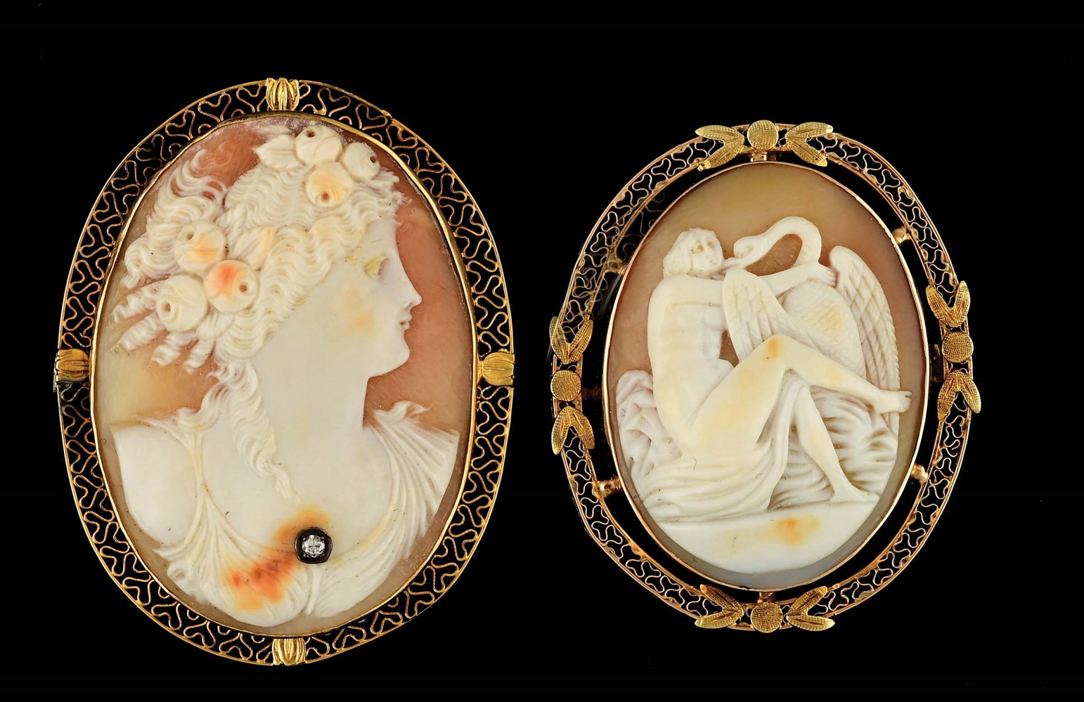 LOT OF 2: LARGE GOLD CAMEO BROOCHES.