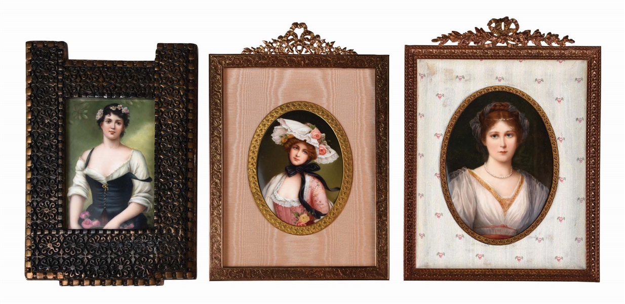 LOT OF 3: PORCELAIN PORTRAITS HAND-PAINTED ON TILES.