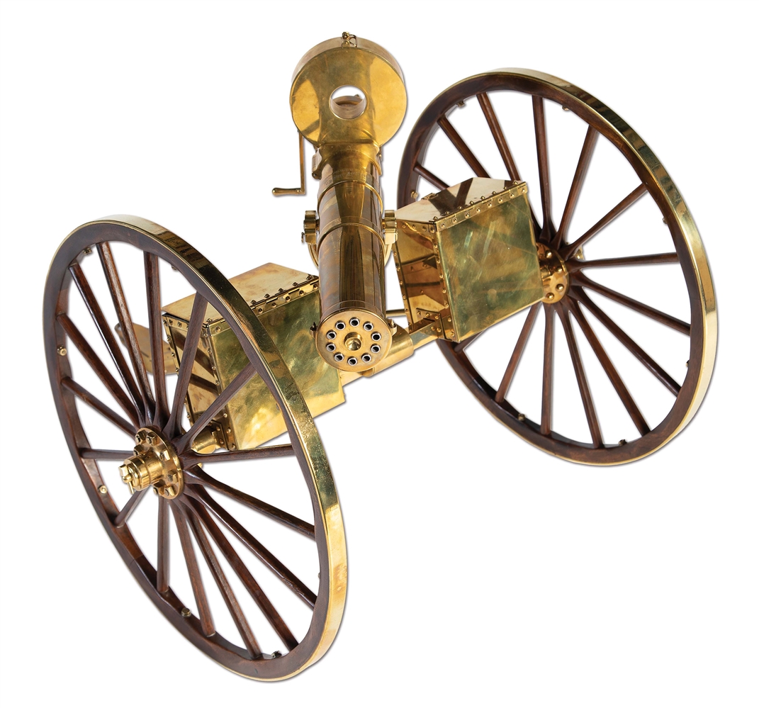 (M) FABULOUS AND EXTREMELY DESIRABLE DELUXE TOP-OF-THE-LINE FUNCTIONAL FURR MINIATURE MODEL 1883 GATLING GUN ON WHEELED CARRIAGE.