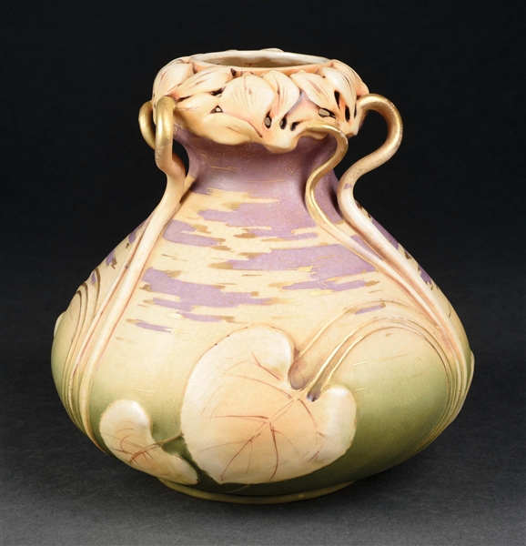 AMPHORA EARTHENWARE ORGANIC FLORAL VASE W/ RETICULATED TOP & EXTRUDED STEMS.