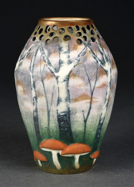 PAUL DACHSEL MUSHROOM VASE WITH FOREST DECORATION AND RETICULATED TOP.