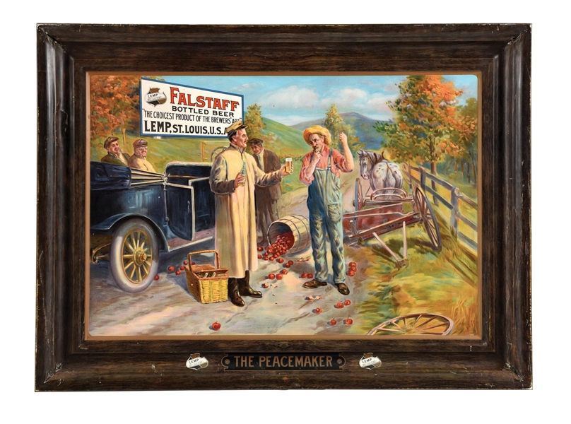 FALSTAFF BOTTLED BEER SELF-FRAMED TIN LITHOGRAPH W/ AUTOMOTIVE GRAPHIC