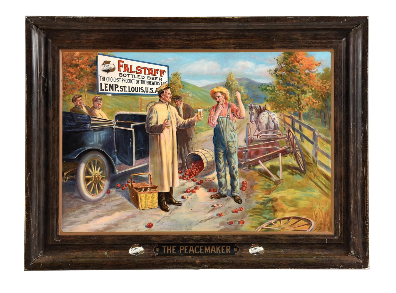 FALSTAFF BOTTLED BEER SELF-FRAMED TIN LITHOGRAPH W/ AUTOMOTIVE GRAPHIC
