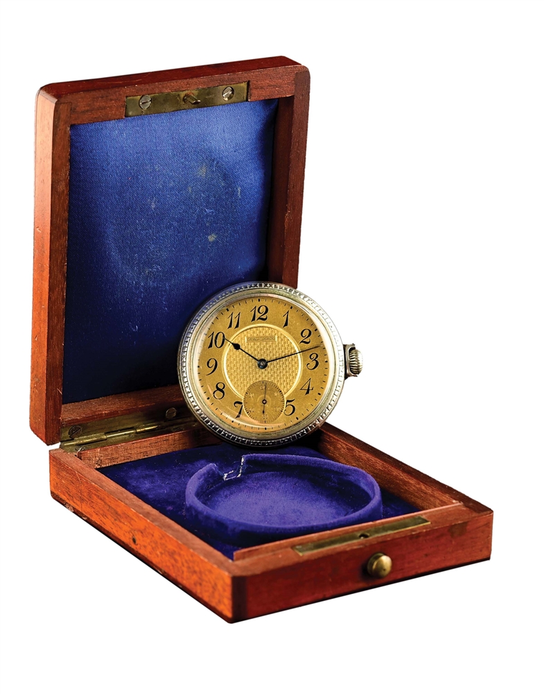 WALTHAM POCKET WATCH WITH WOODEN DISPLAY CASE.