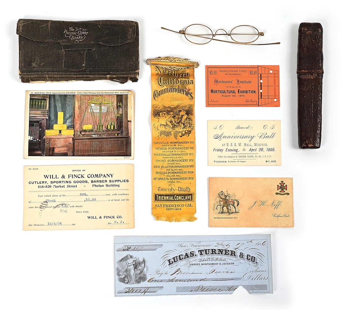 THE PACIFIC COAST DIARY FROM 1889, EARLY DOCUMENTS AND PAIR OF READING GLASSES.