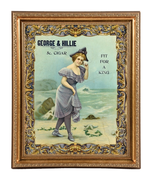 GEORGE & HILLIE 5¢ CIGAR LITHOGRAPH W/ EARLY BEACH GRAPHIC