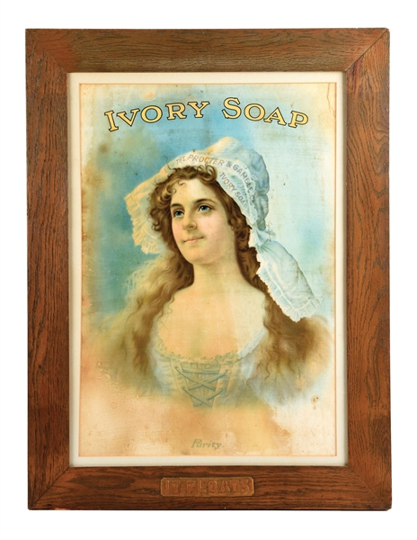 IVORY SOAP PAPER LITHOGRAPH SIGN W/ ORIGINAL EMBOSSED WOOD FRAME.