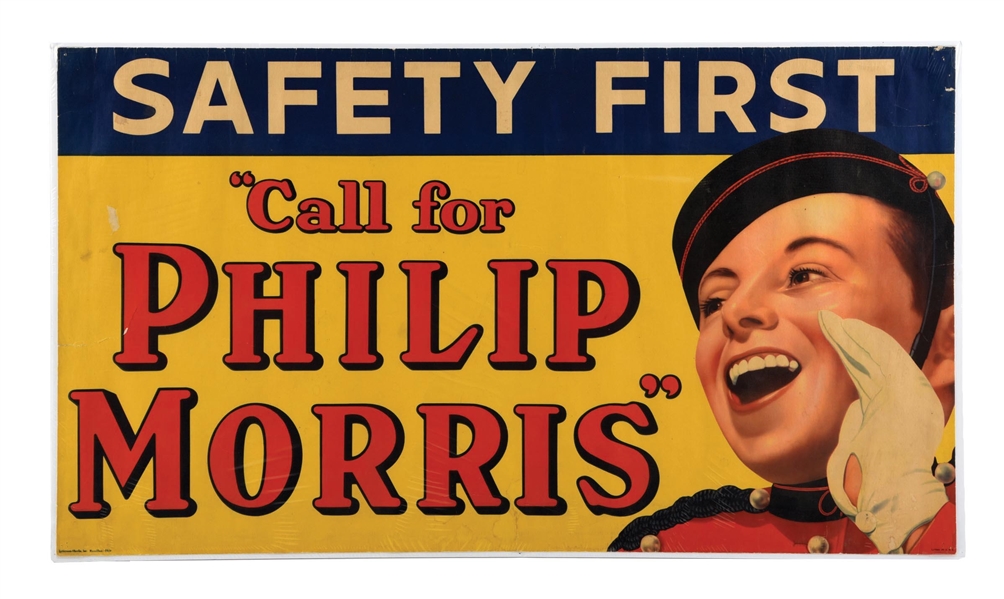 PHILIP MORRIS CARDBOARD LITHOGRAPH W/ BELL BOY GRAPHIC.