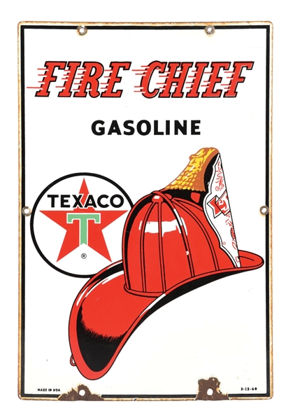 TEXACO FIRE CHIEF GASOLINE PORCELAIN PUMP PLATE W/ FIRE HAT GRAPHIC