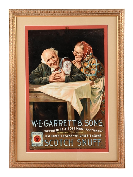 W. E. GARRETT & SONS SCOTCH SNUFF PAPER LITHOGRAPH W/ ELDERLY COUPLE GRAPHIC