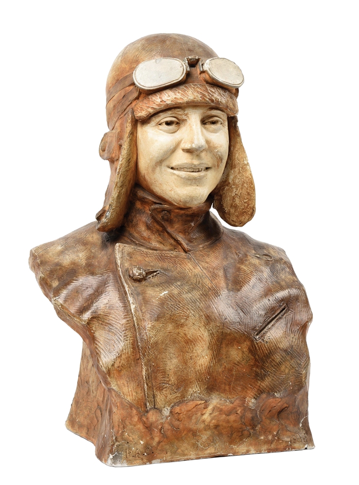 AMELIA EARHART PLASTER BUST W/ WOODEN STAND