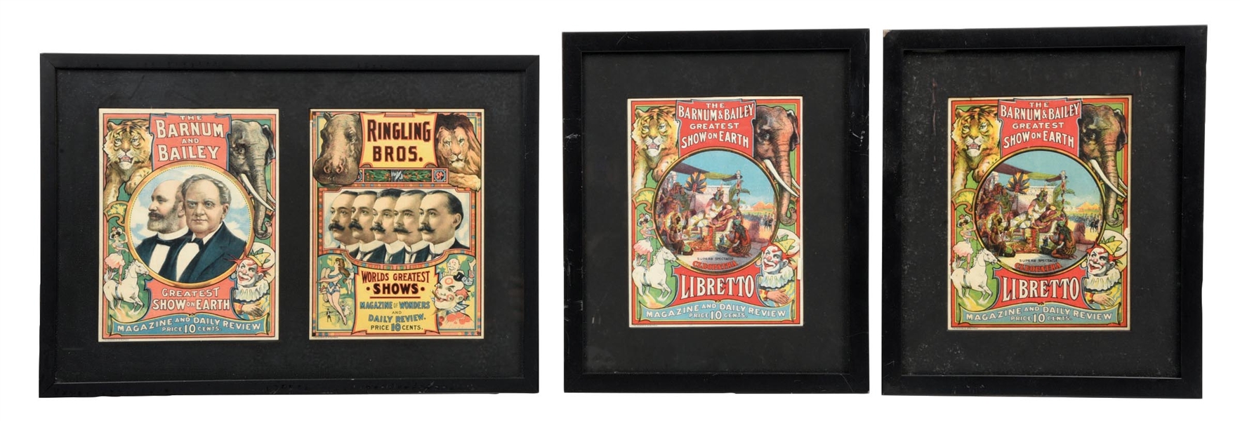 COLLECTION OF 3 BARNUM AND BAILEY MAGAZINE & DAILY REVIEW PAPER LITHOGRAPHS W/ OUTSTANDING CIRCUS GRAPHICS.