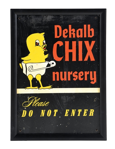 DEKALB CHIX NURSERY PAINTED PARTICLE BOARD SIGN W/ CHIX GRAPHIC.