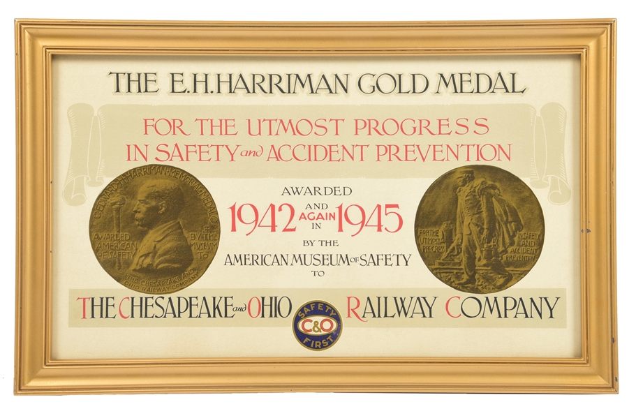 FRAMED CARDBOARD EH HARRIMAN GOLD MEDAL AWARD SIGN.