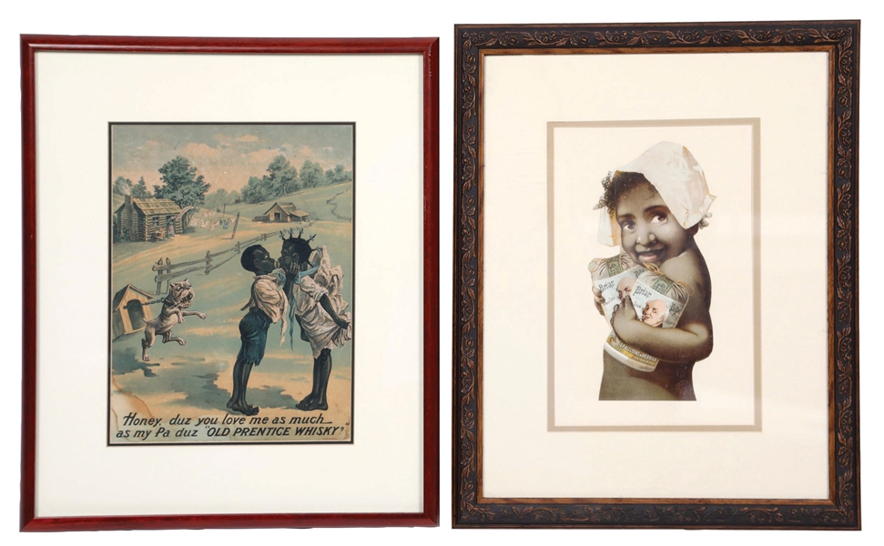 COLLECTION OF 2 WHISKEY AND TOBACCO PAPER LITHOGRAPHS W/ BLACK AMERICANA GRAPHICS.