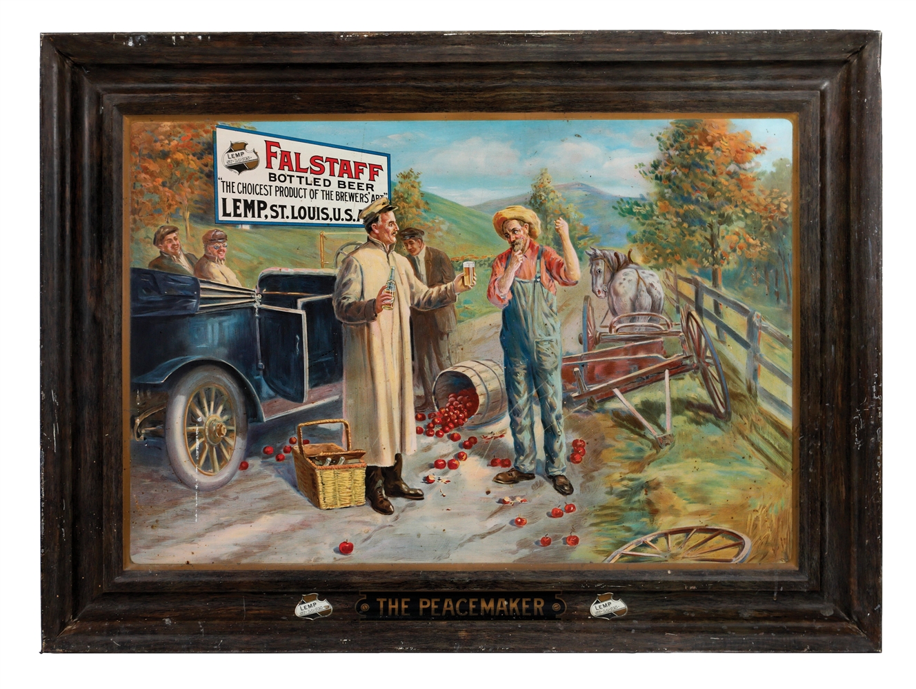 "FALSTAFF BOTTLED BEER" SELF-FRAMED TIN LITHOGRAPH W/ EARLY AUTOMOBILE DRAGON GRAPHIC