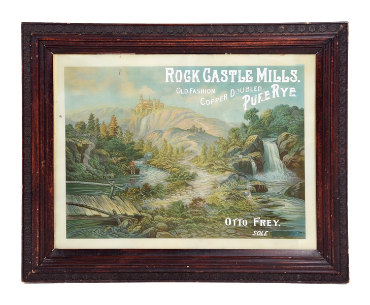 ROCK CASTLE MILLS PURE RYE REVERSE PAINTED GLASS SIGN W/ FLY FISHING GRAPHIC